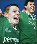 Brian O'Driscoll and Shane Horgan celebrate Ireland's victory over Australia