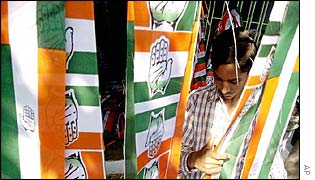 Congress Party scarves at a textile manufacturing unit in Ahmedabad