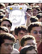 Students at rally holding portrait of Hashem Aghajari - third day of protests