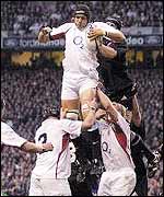 Ben Kay soars to take the ball in the vital late line-out against New Zealand last Saturday