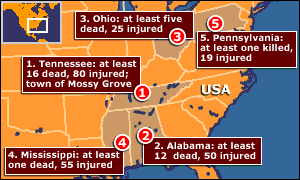 Map showing areas hit by storms