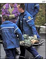 A hostage is carried on a stretcher from the Moscow theatre siege