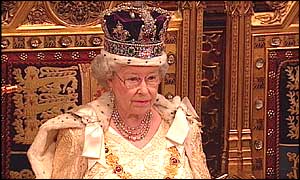 The queen delivering her speech in the House of Lords