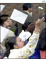 A Colombian woman demanding the release of a kidnapped bishop