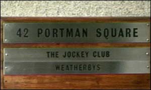 Sign outside the Jockey Club headquarters in London