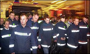 Firefighters walk out at Strathclyde Fire Brigade Headquarters in Glasgow 