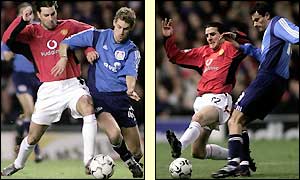 Manchester United's Ruud van Nistelrooy and John O'Shea in action against Bayer Leverkusen