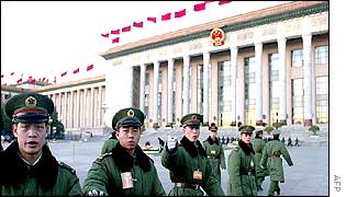 Soldiers outside the Great Hall of the People in Beijing