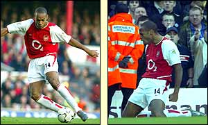 Thierry Henry scores a great goal and celebrates in front of the Spurs fans