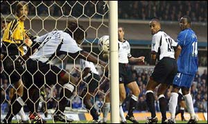Fulham defender Rufus Brevett handles on the line at Birmingham and is sent off