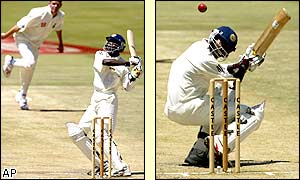 Hasantha Fernando of Sri Lanka dodges the bowling of South African skipper Shaun Pollock before being dismissed for 24