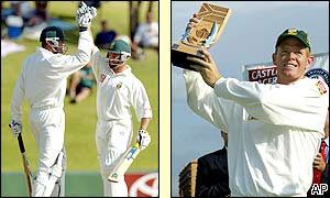 South African skipper Shaun Pollock and Mark Boucher celebrate after beating Sri Lanka by just three wickets at the Centurion