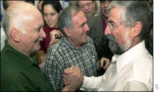 New Israeli Labour Party leader Amram Mitzna celebrates with supporters