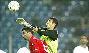 Wales captain Gary Speed attacks the Azerbaijan goal again but fails to score this time