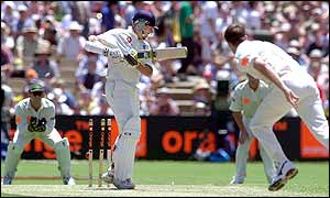 Marcus Trescothick is bowled out after edging Australia's Glenn McGrath