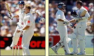 Vaughan celebrates his first overseas century with his captain Nasser Hussain