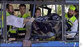 Medics and volunteers remove a body from a bus hit by a suicide bomber