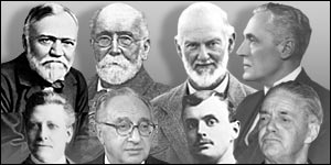 Left to right back row - Andrew Carnegie, Joseph Rowntree, Henry Royce, John Spedan Lewis; left to right front row = Lord Lever, Arnold Weinstock, Charles Rolls, Lord Nuffield