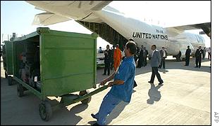 A UN plane is unloaded at Baghdad airport