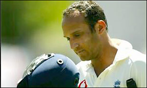 Mark Butcher is caught off the bowling of Jason Gillespie in the first few minutes of play