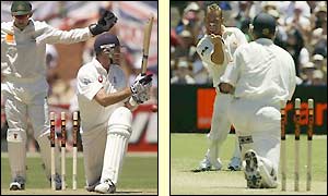 Andy Caddick is bowled cleanly by Shane Warne as he claims his fourth wicket of the innings