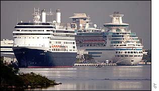 The Amsterdam, left, docked at Fort Lauderdale, Florida