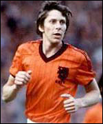 Arnold Muhren in action for Holland against England in a 1982 international