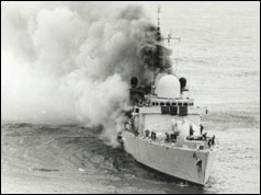 HMS Sheffield on fire in the South Atlantic