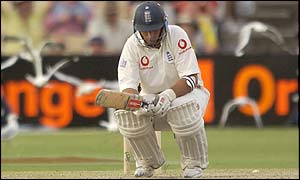 England skipper Nasser Hussain leaves the crease after being dismissed by Andy Bichel