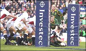 Will Greenwood dives over to score England's second try 
