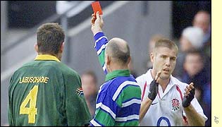 South Africa's Jannes Labuschagne is sent off by referee Paddy O'Brien