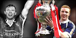 Sean Long (left) celebrates another Super League title for St Helens while Kris Radlinski holds aloft the Challenge Cup