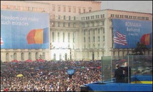 President Bush and Romanian President Ion Iliescu Bush address Romanians in Revolution Square