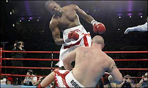 Audley Harrison floors his unconvincing opponent two minutes and nine second into the first round