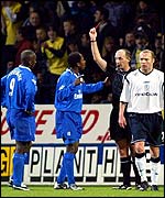 Chelsea's Celestine Babayaro is sent off during the 1-1 draw with Bolton