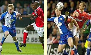 Damien Duff of Blackburn Rovers battles with Richard Rufus of Charlton and Blackburn's Andy Todd challenges Scott Parker