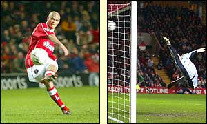 Paul Konchesky delivers his powerful free-kick at Rovers' keeper Alan Kelly