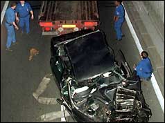 The wreck of Princess Diana's car being removed 