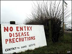 A precautionary sign at a farm in Thirsk, northern England, March 2001