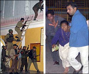 Paramilitaries storm the temple on Sunday night (left), while civilians flee