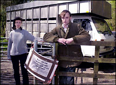 Guy Thomas-Everard and his fiancee Julia Fairey blockade the gate of their Broford Farm near Dulverton
