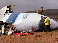 Wreckage of Pan Am jet in field in Lockerbie, Scotland