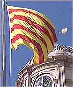  Catalan flag flies on a public building in Barcelona