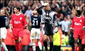 Liverpool goalkeeper Sander Westerveld is left stunned by Manchester United's victory