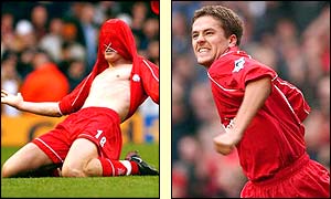 John Arne Riise and Michael Owen celebrates their strikes in Liverpool's convincing win