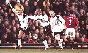 Danny Murphy celebrates his winner at Old Trafford in January