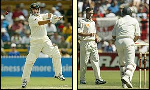 Waugh cuts a wide delivery against England in the second Test and exchanges stares with England captain Nasser Hussain