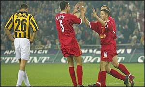 Liverpool's Michael Owen (far right) celebrates his first goal 