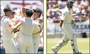 The bowling of Lee soon claims another victim, as England captain Nasser Hussain quickly follows Trescothick and Butcher back to the pavilion
