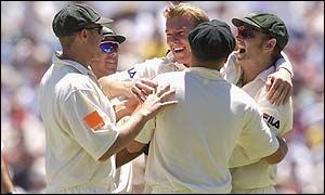 Brett Lee celebrates after dismissing Marcus Trescothick